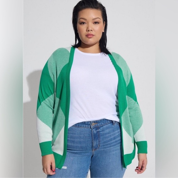 TORRID Green and White Open Front Cardigan - Picture 1 of 11